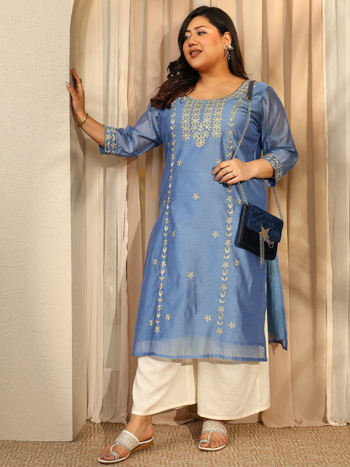 Plus Size Blue Embroidered Chanderi Silk Straight Kurta