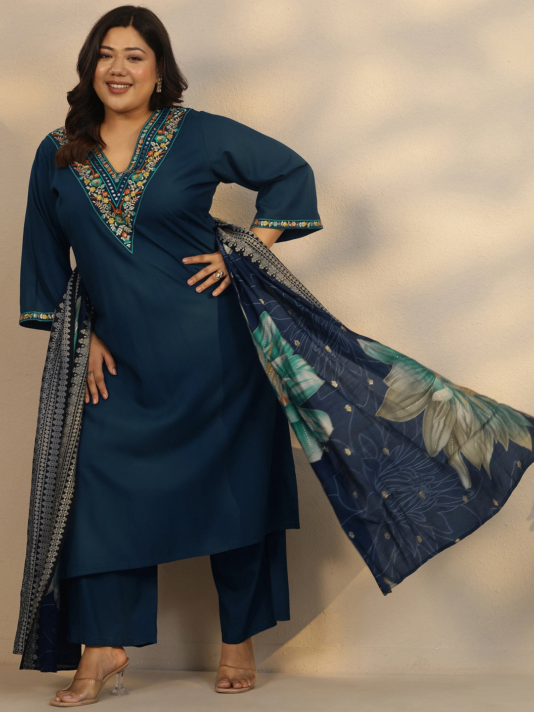 Plus Size Blue Embroidered Rayon Straight Suit Set With Dupatta