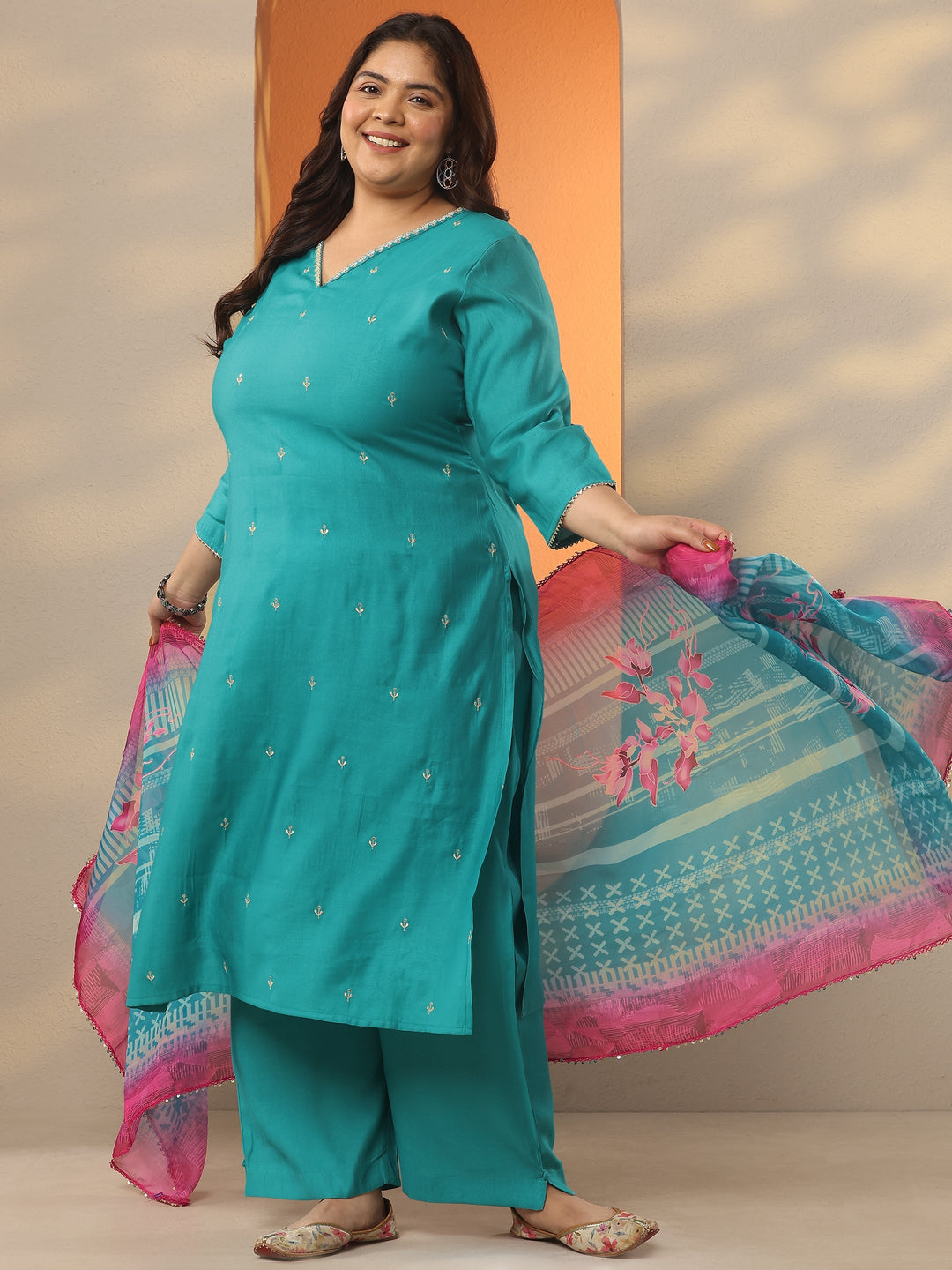 Plus Size Blue Embroidered Silk Blend Straight Suit Set With Dupatta