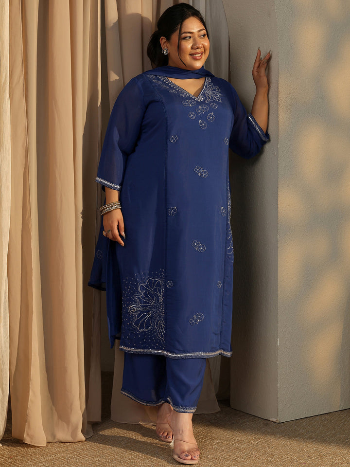 Plus Size Blue Embroidered Silk Blend Straight Suit Set With Dupatta
