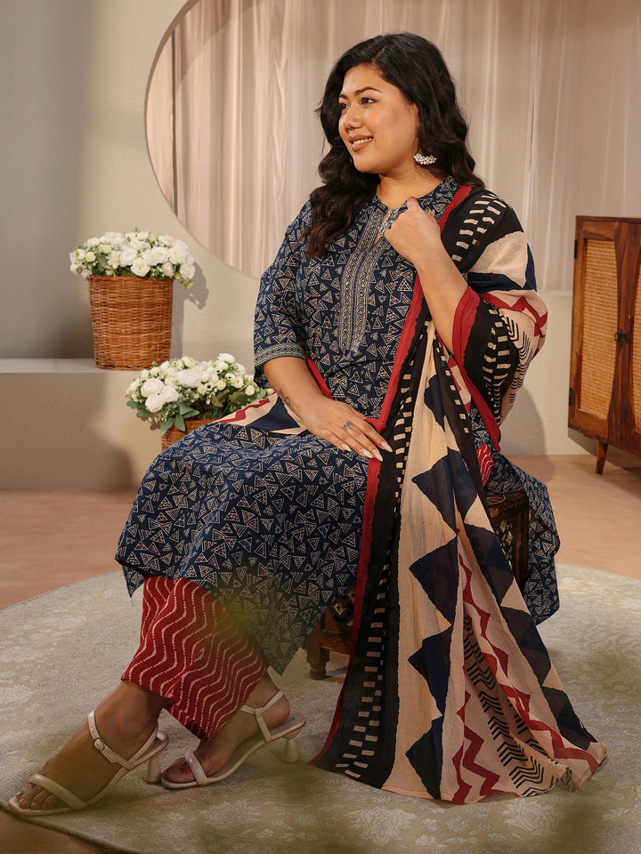 Plus Size Blue Geometric Print Cotton Straight Suit Set