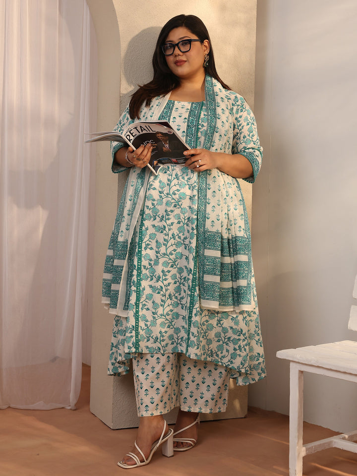 Plus Size Blue Printed Cotton A-line Suit Set With Dupatta