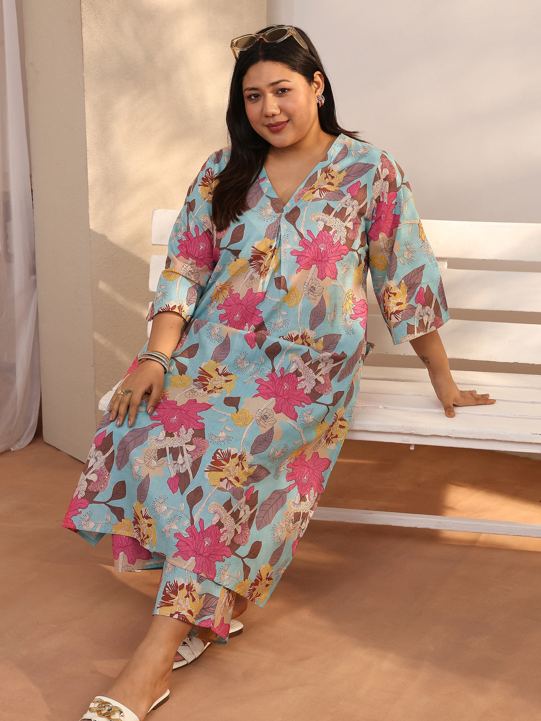 Plus Size Blue Printed Cotton Co-Ord Sets