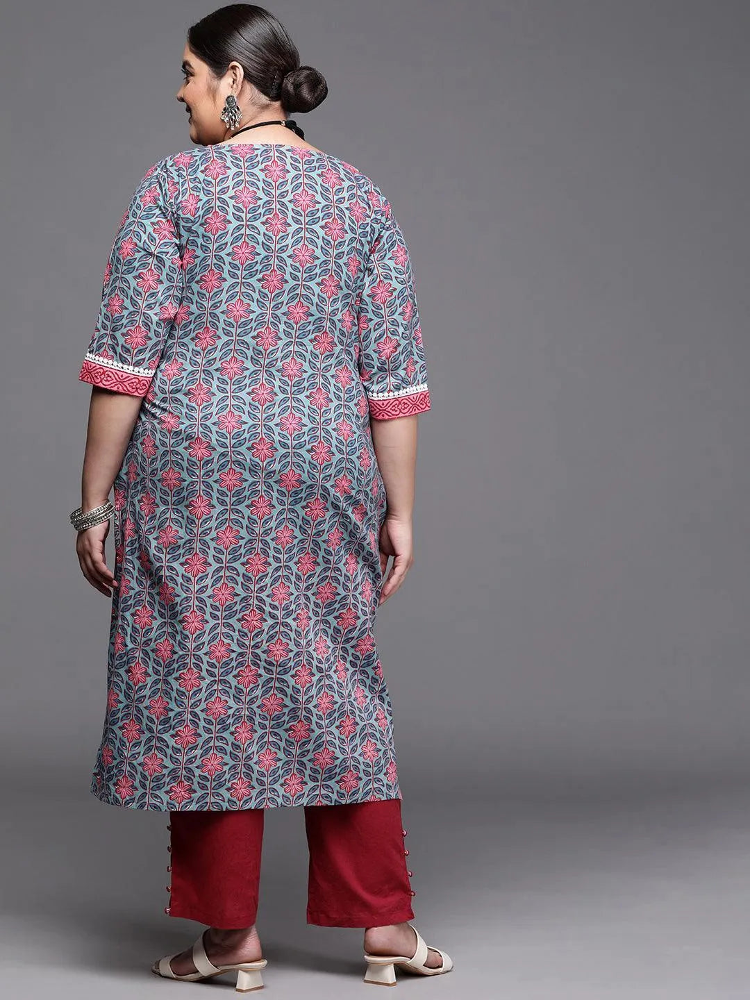 Plus Size Blue Printed Cotton Kurta - ShopLibas 