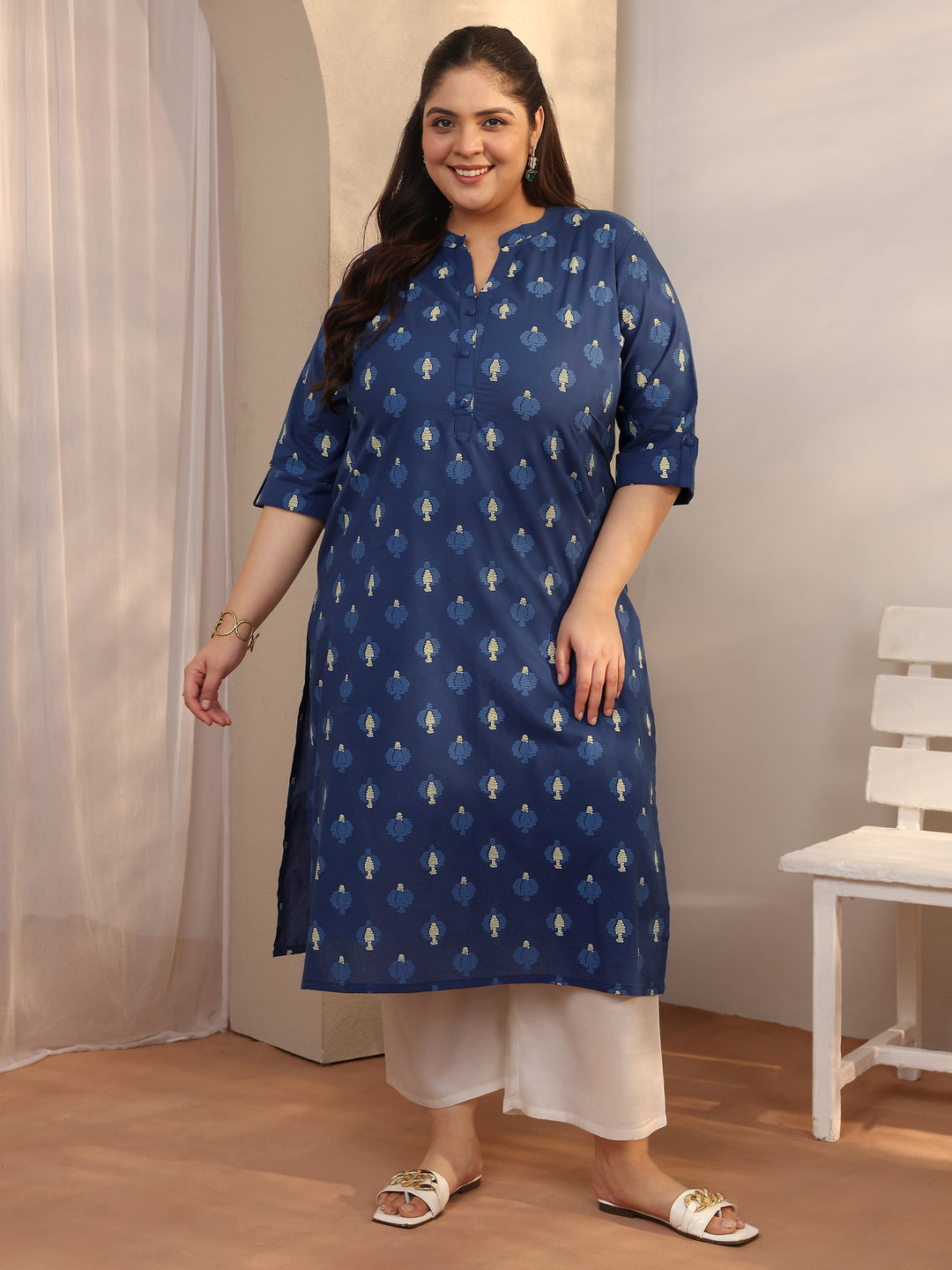 Plus Size Blue Printed Cotton Straight Kurta