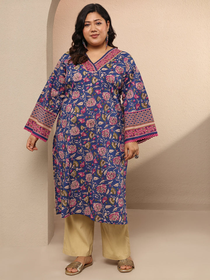 Plus Size Blue Printed Cotton Straight Kurta