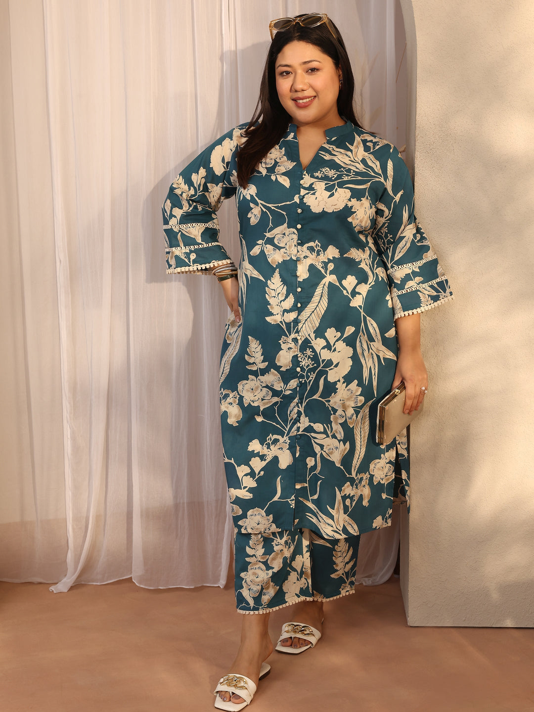 Plus Size Blue Printed Cotton Straight Kurta Set