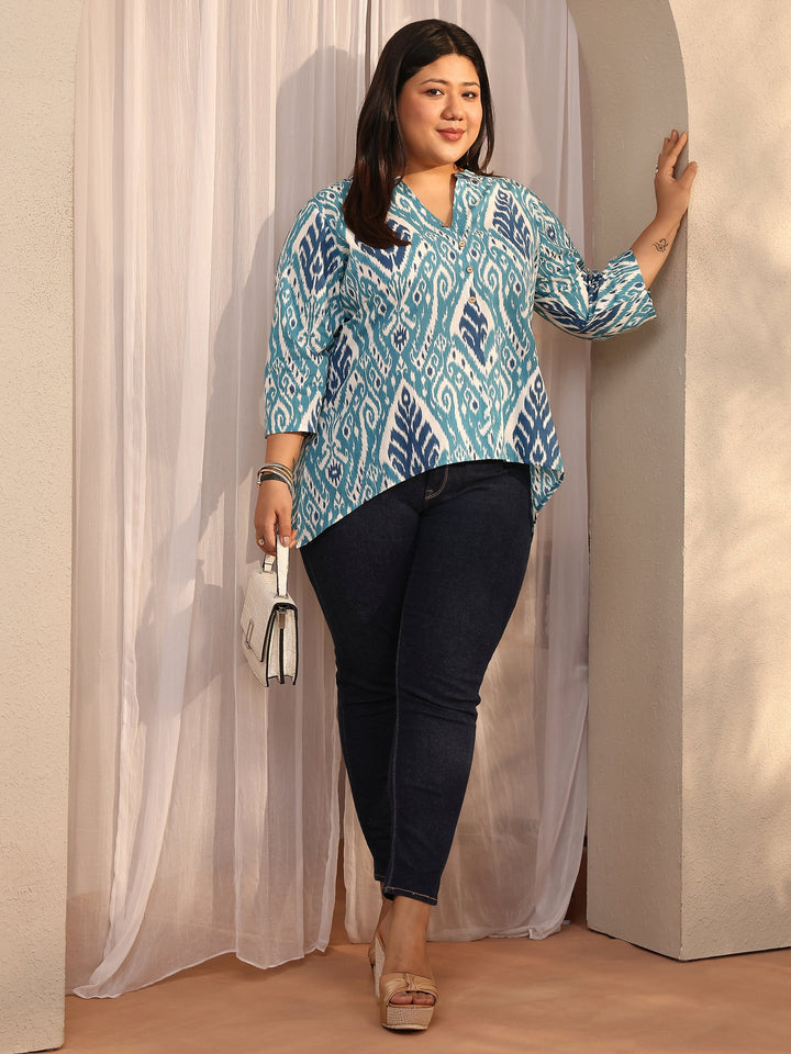 Plus Size Blue Printed Cotton Straight Short Kurti