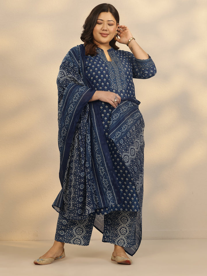 Plus Size Blue Printed Cotton Straight Suit Set With Dupatta