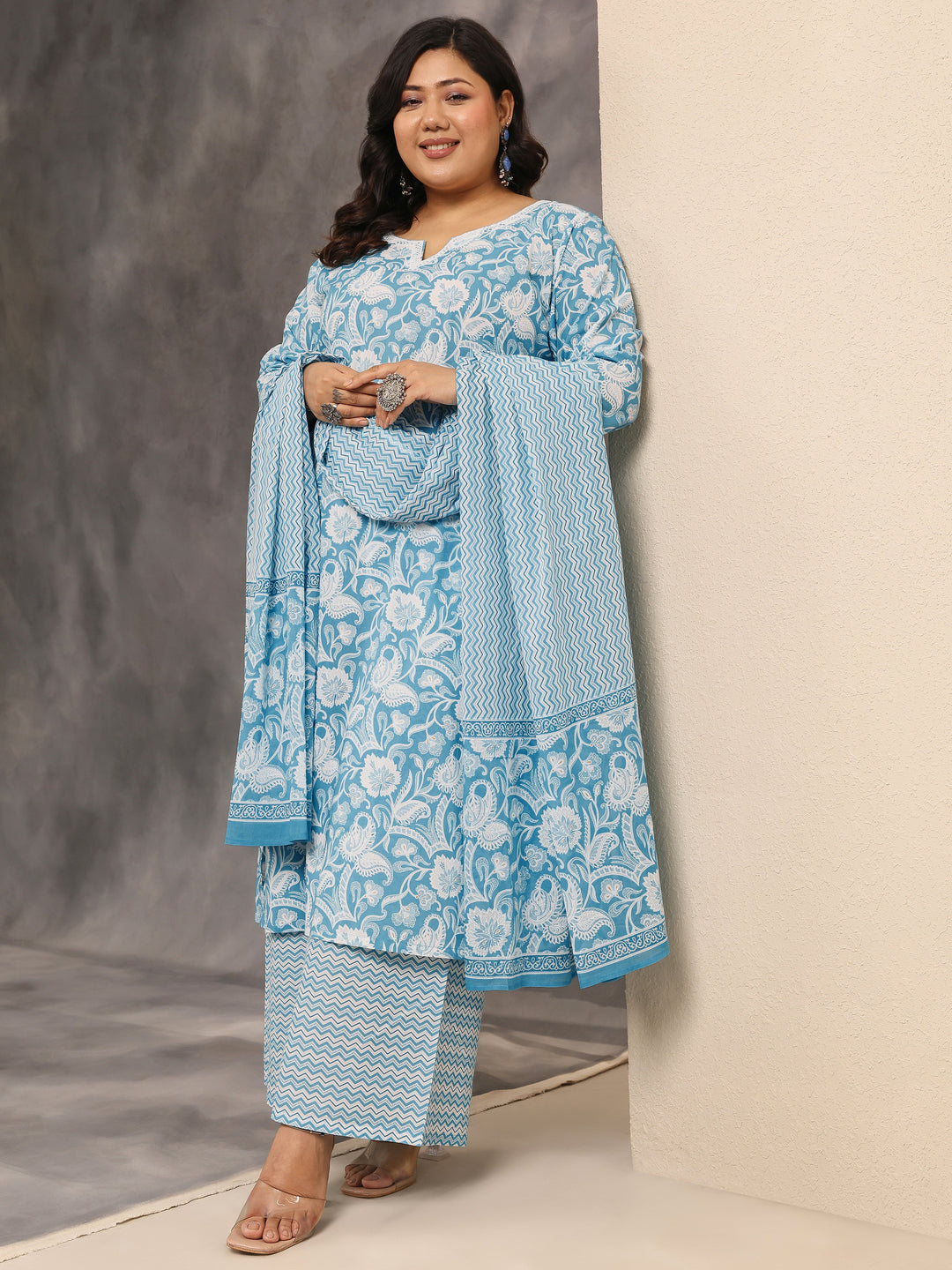Plus Size Blue Printed Cotton Straight Suit Set With Dupatta