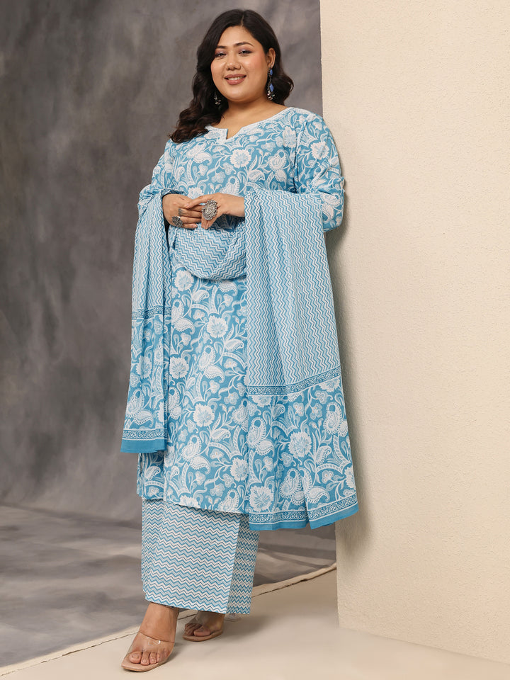 Plus Size Blue Printed Cotton Straight Suit Set With Dupatta
