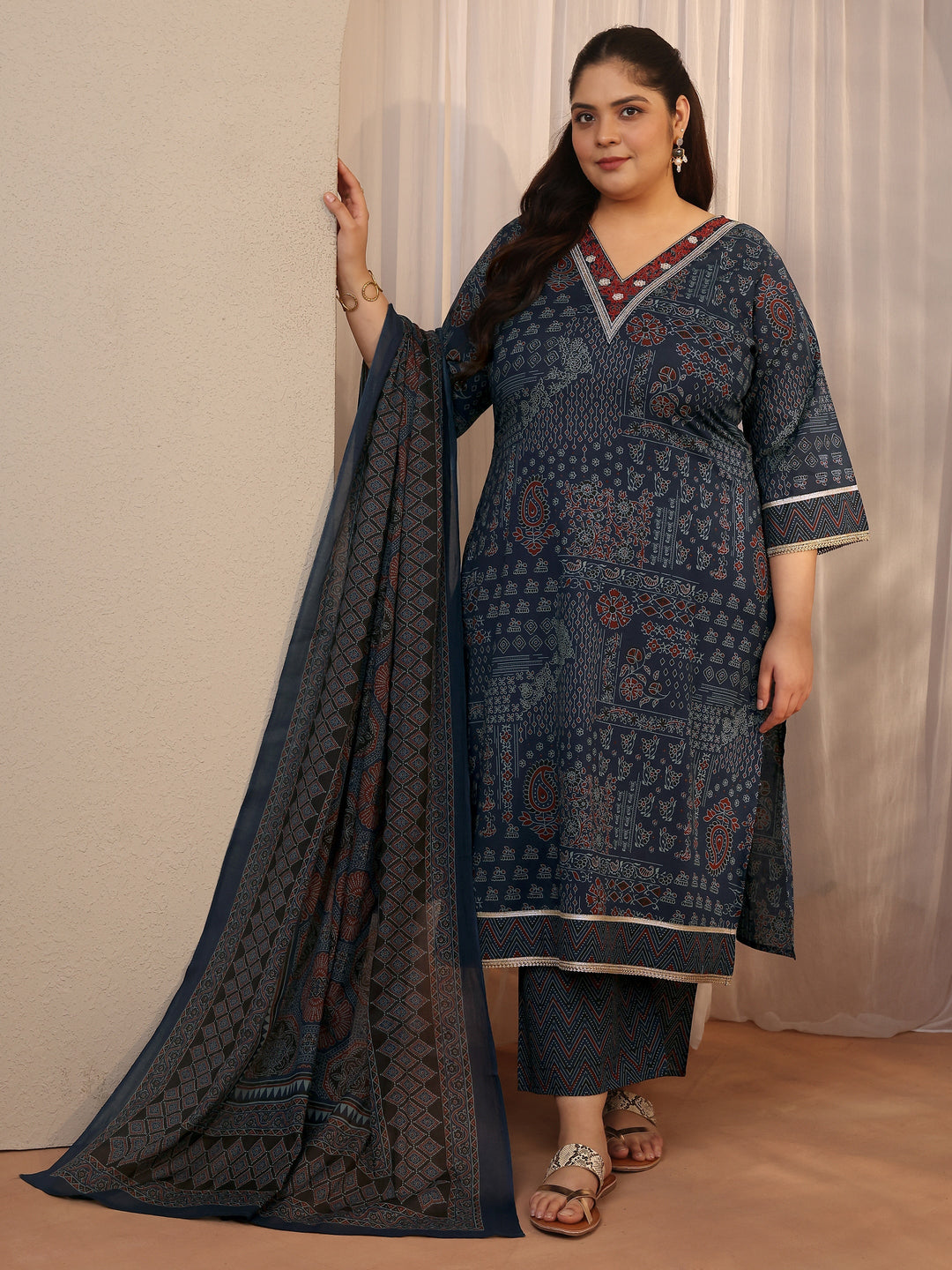 Plus Size Blue Printed Cotton Straight Suit Set With Dupatta