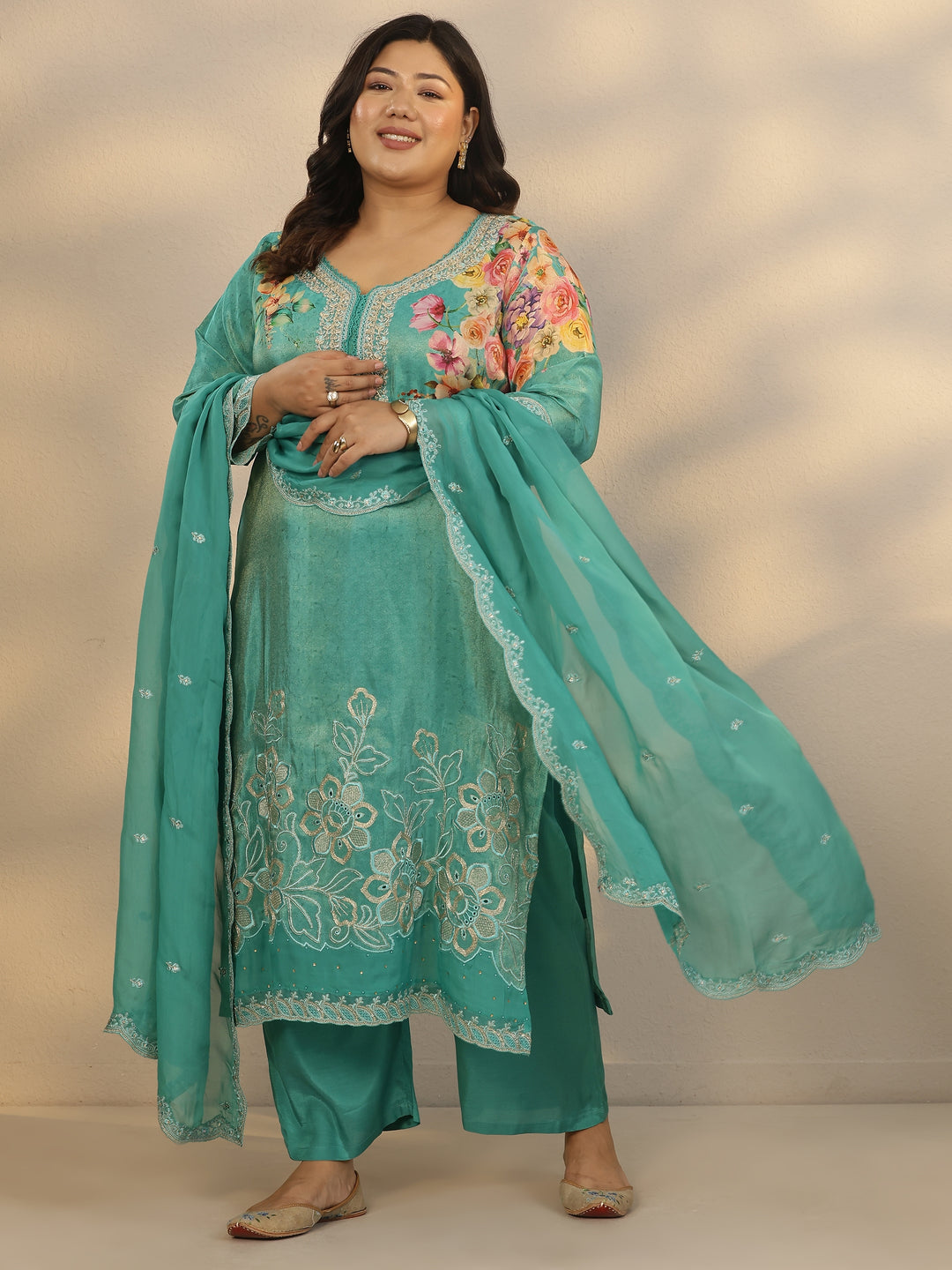 Plus Size Blue Printed Crepe Straight Suit Set With Dupatta