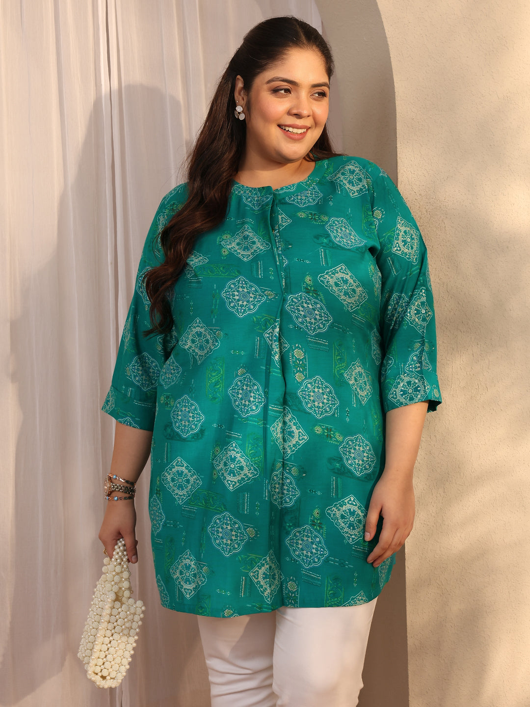 Plus Size Blue Printed Silk Blend Straight Short Kurti