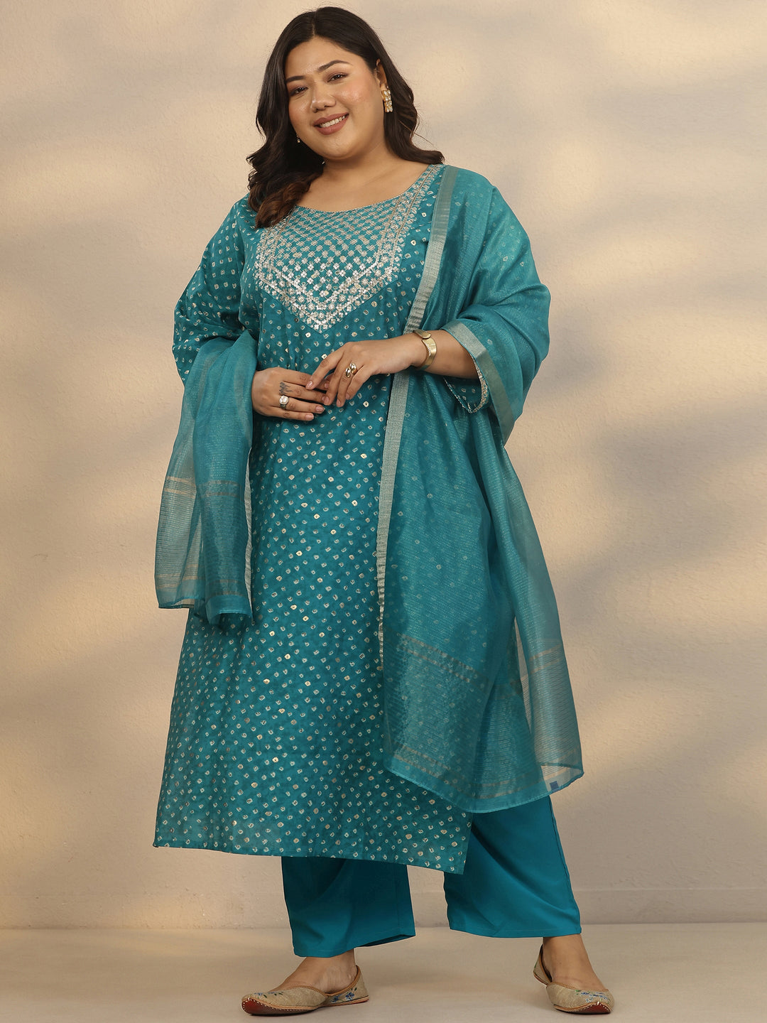 Plus Size Blue Printed Silk Blend Straight Suit Set With Dupatta