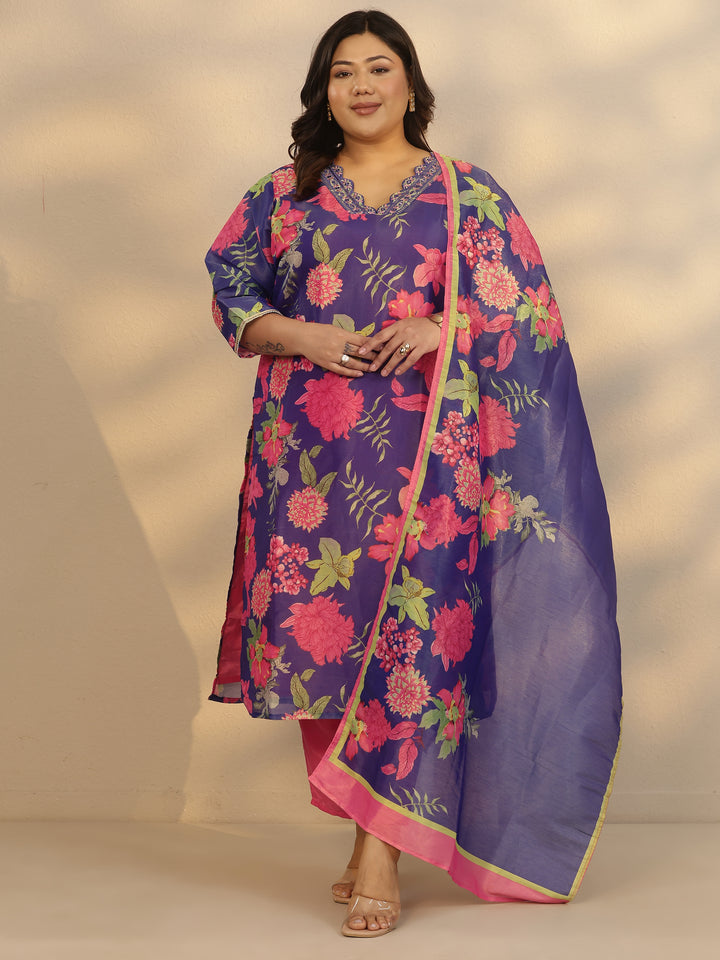 Plus Size Blue Printed Silk Blend Straight Suit Set With Dupatta
