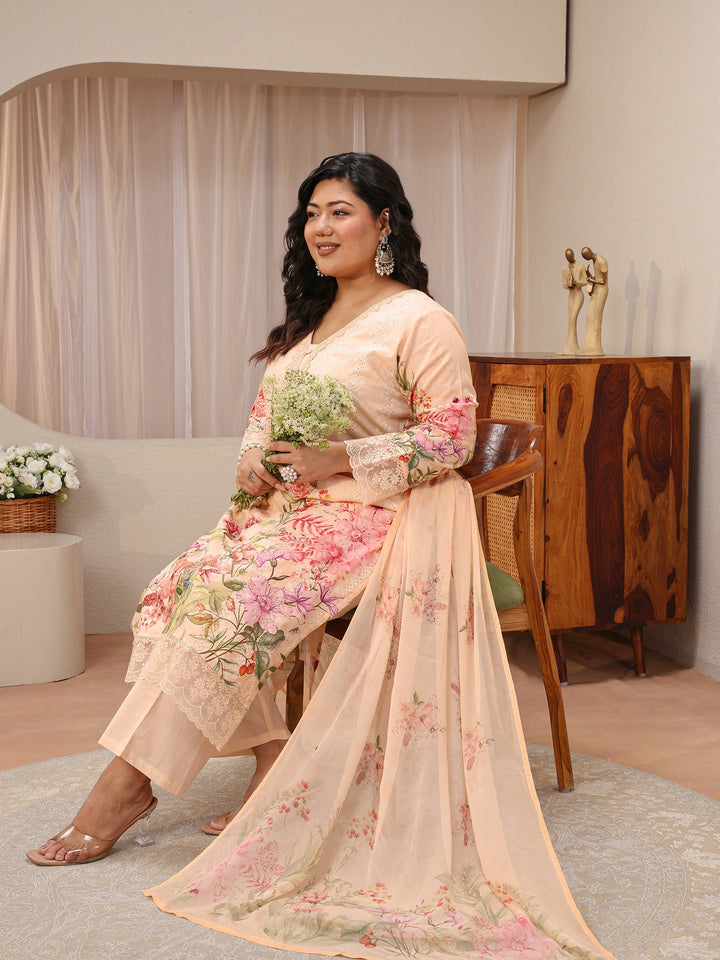 Plus Size Blush Peach Floral Print Cotton Straight Suit Set
