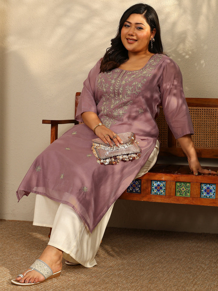 Plus Size Brown Embroidered Chanderi Silk Straight Kurta