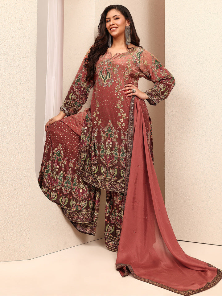 Plus Size Brown Embroidered Plus Size Clothing Crepe Straight Suit Set With Dupatta