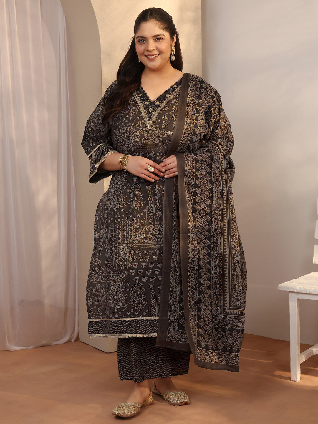 Plus Size Brown Printed Cotton Straight Suit Set With Dupatta