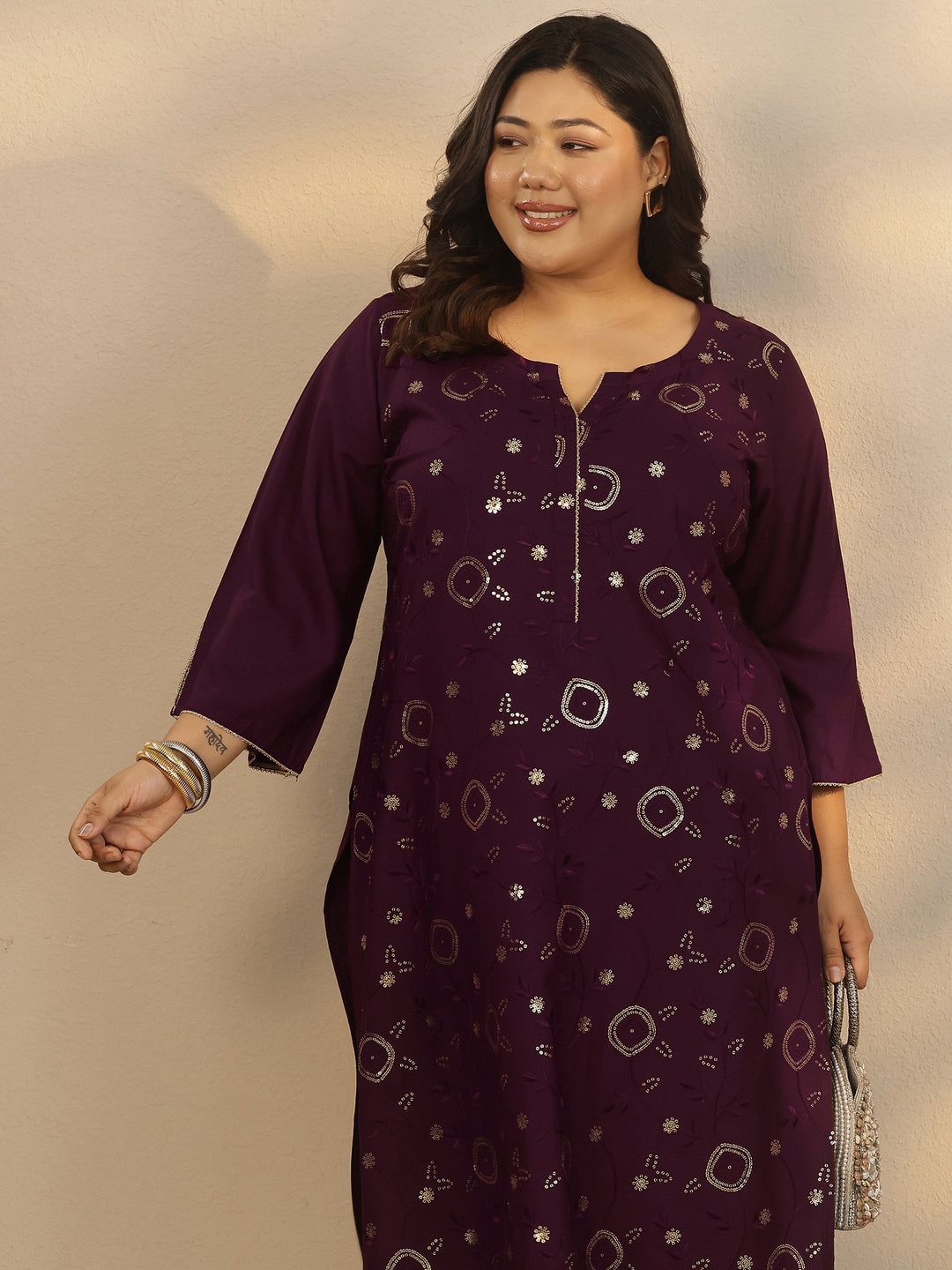 Plus Size Burgundy Embellished Rayon Straight Kurta
