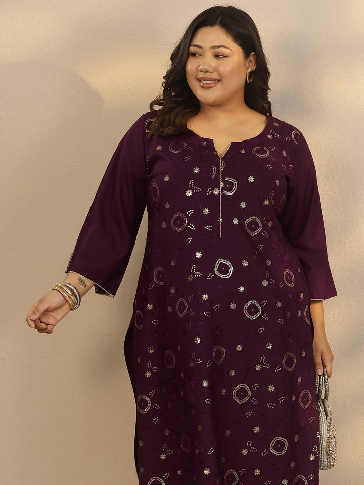 Plus Size Burgundy Embellished Rayon Straight Kurta