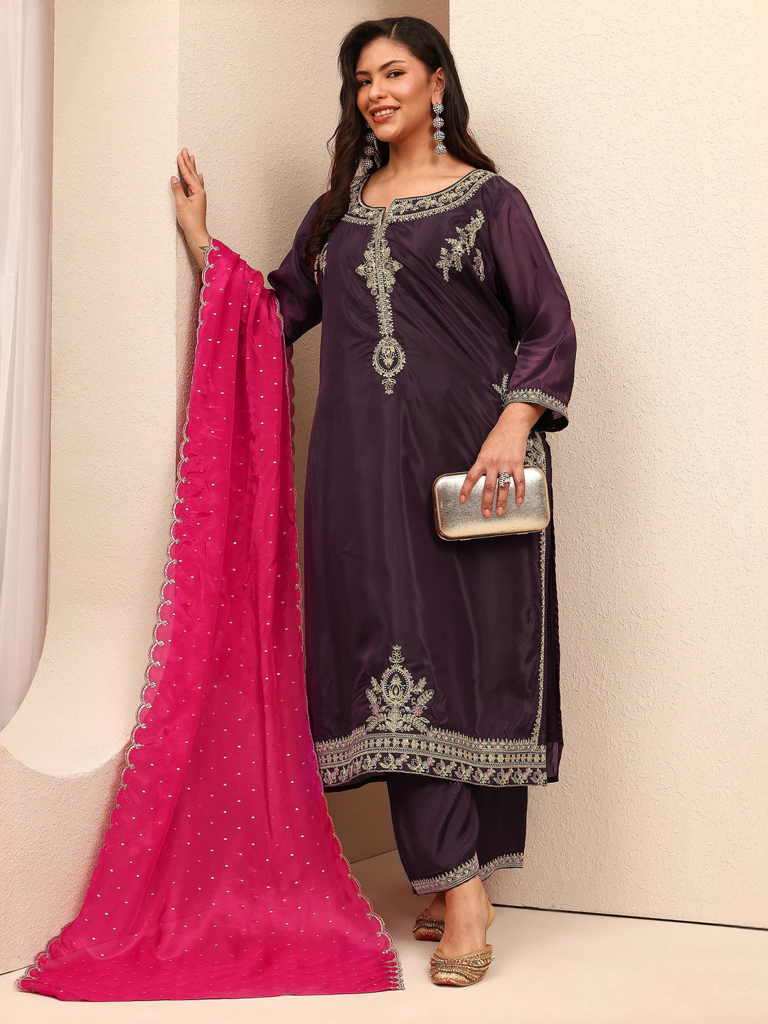Plus Size Burgundy Embroidered Plus Size Clothing Organza Straight Suit Set With Dupatta