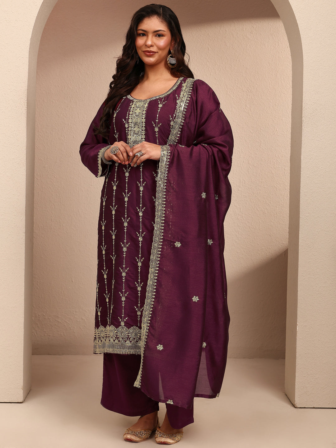 Plus Size Burgundy Embroidered Plus Size Clothing Silk Blend Straight Suit Set With Dupatta