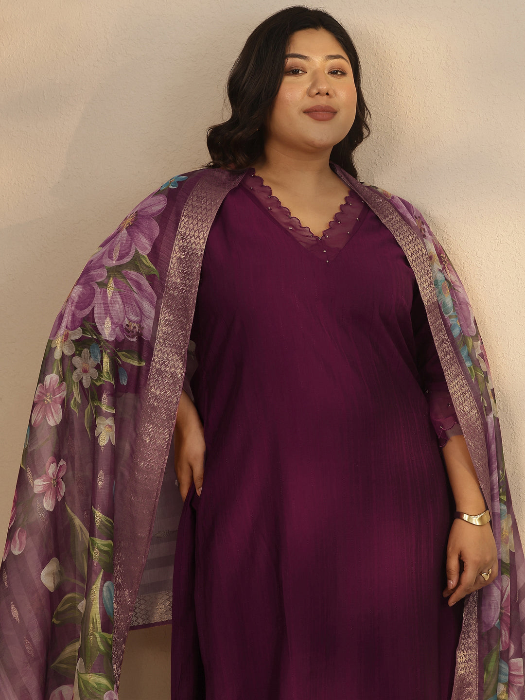 Plus Size Burgundy Woven Design Silk Blend Straight Suit Set With Dupatta