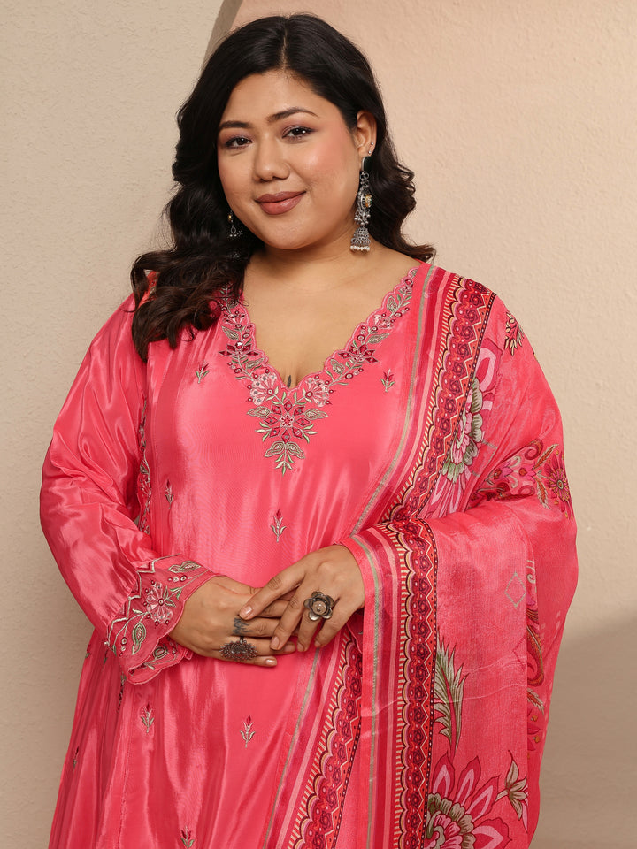 Plus Size Coral Embroidered Crepe Suit Set With Dupatta