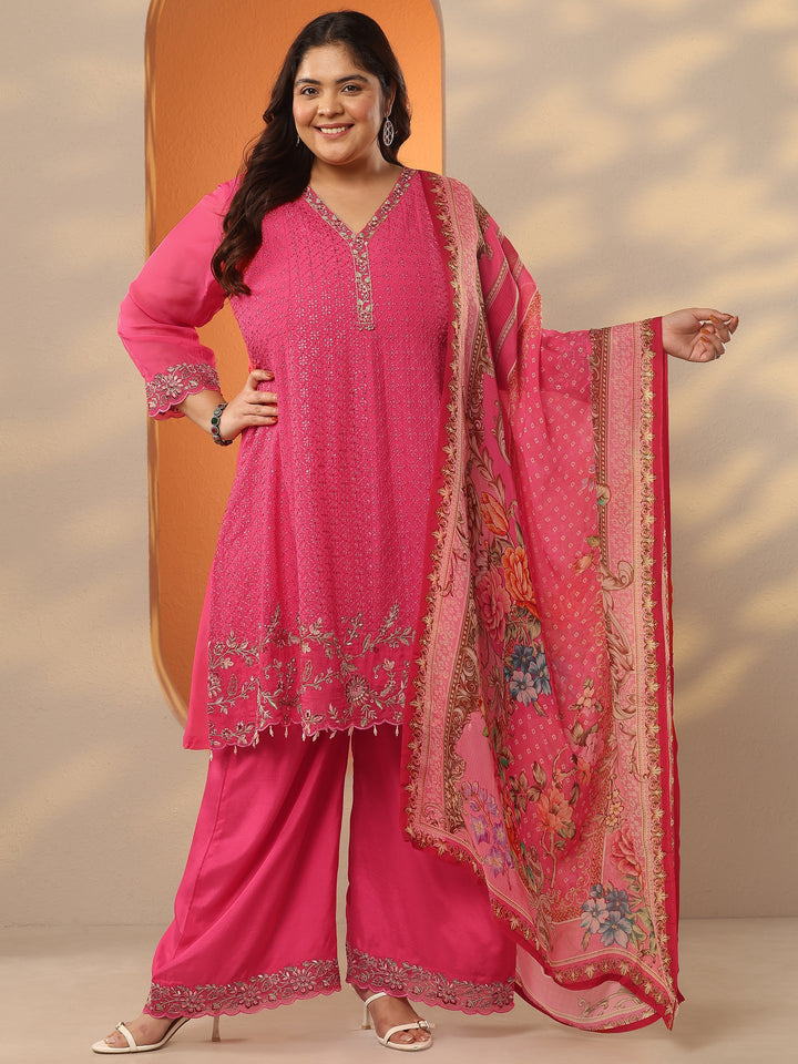 Plus Size Coral Embroidered Organza A-Line Suit Set With Dupatta