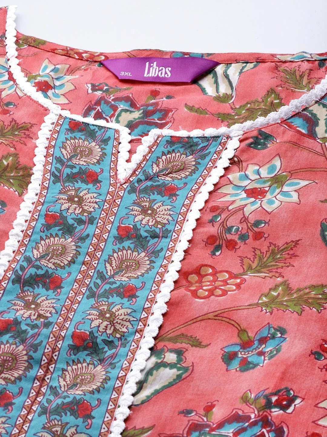 Plus Size Coral Printed Cotton Kurta - ShopLibas 