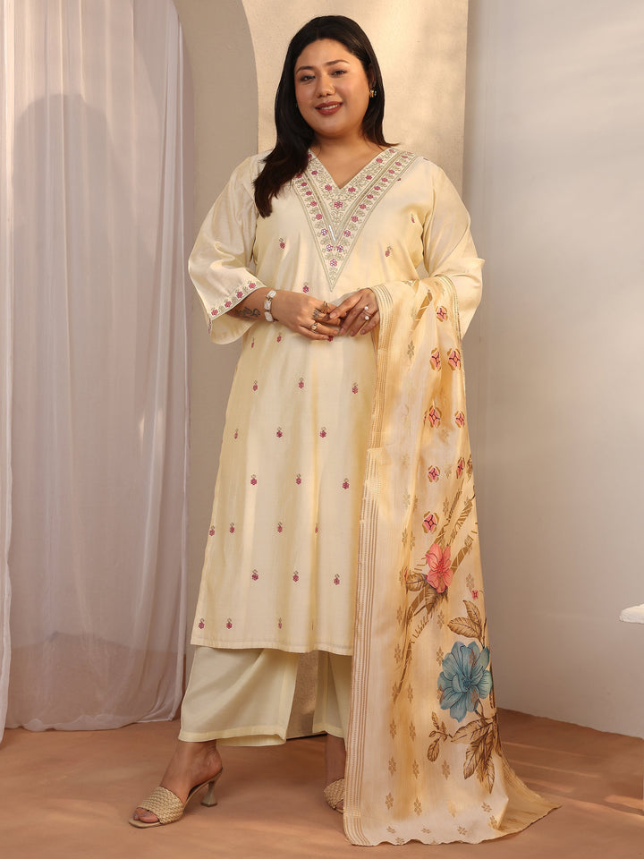 Plus Size Cream Embroidered Silk blend Straight Suit Set With Dupatta