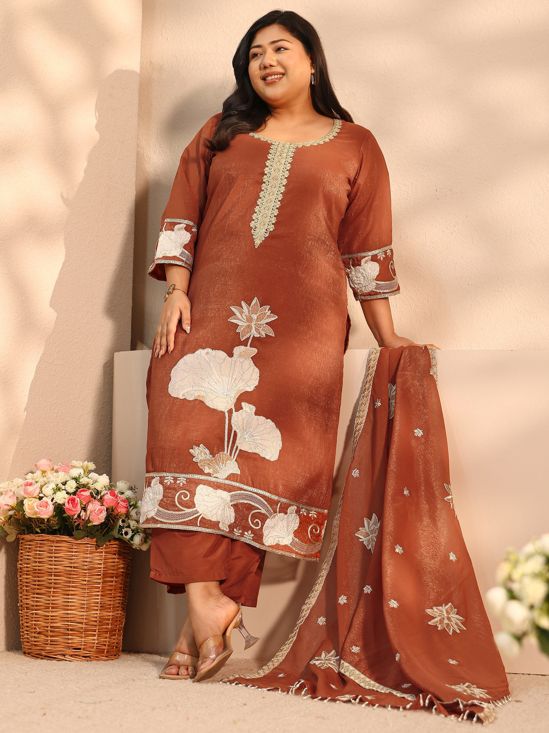 Plus Size Floral Embroidered Chinon Straight Suit Set With Dupatta