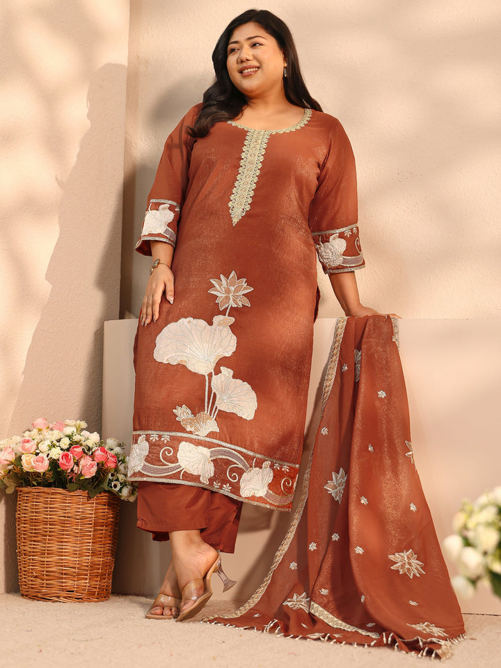 Plus Size Floral Embroidered Chinon Straight Suit Set With Dupatta