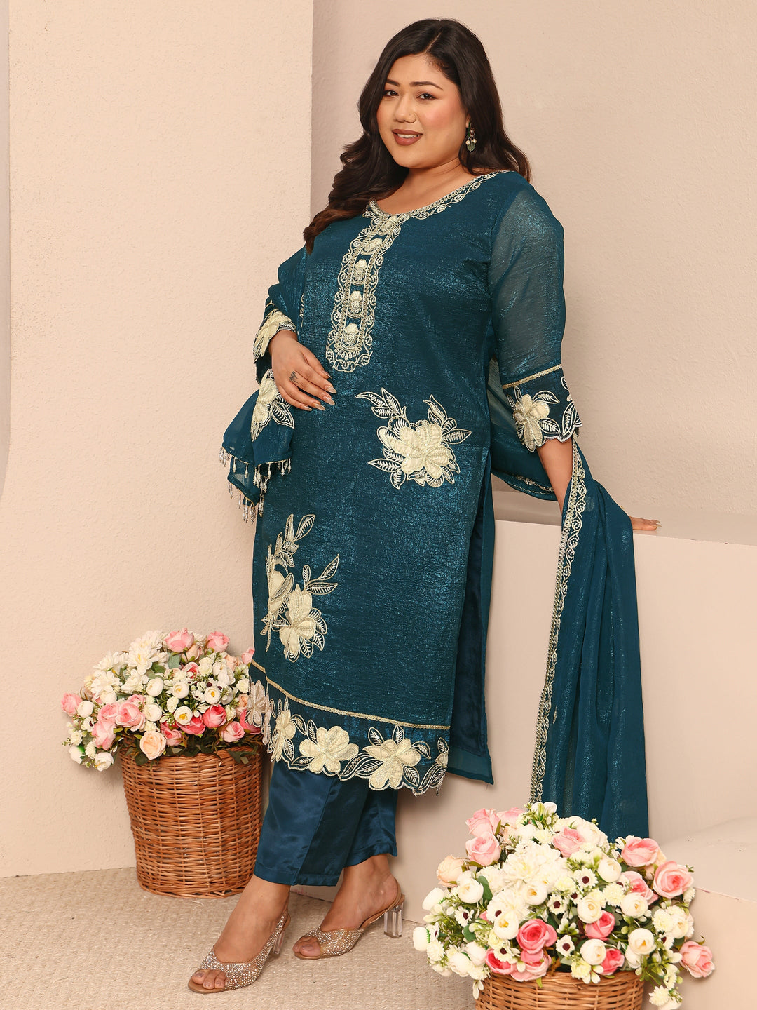 Plus Size Floral Embroidered Chinon Straight Suit Set With Dupatta