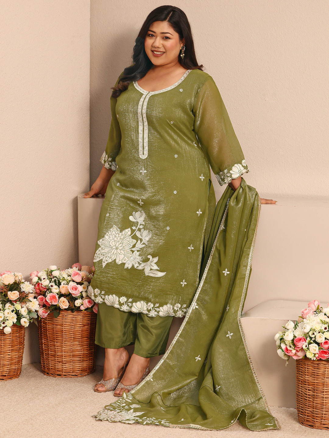 Plus Size Floral Embroidered Chinon Straight Suit Set With Dupatta