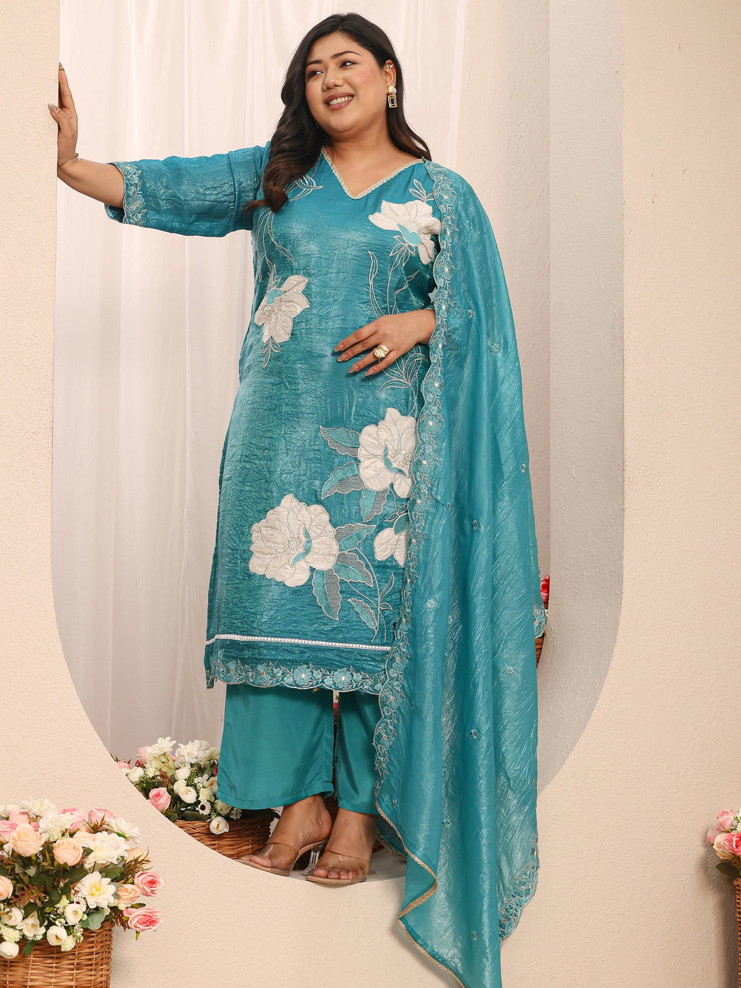 Plus Size Floral Embroidered Organza Straight Suit Set With Dupatta