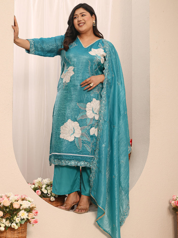 Plus Size Floral Embroidered Organza Straight Suit Set With Dupatta