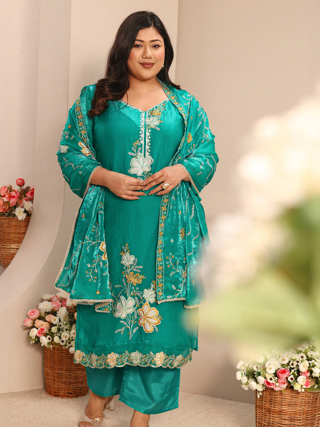 Plus Size Floral Embroidered Organza Straight Suit Set With Dupatta