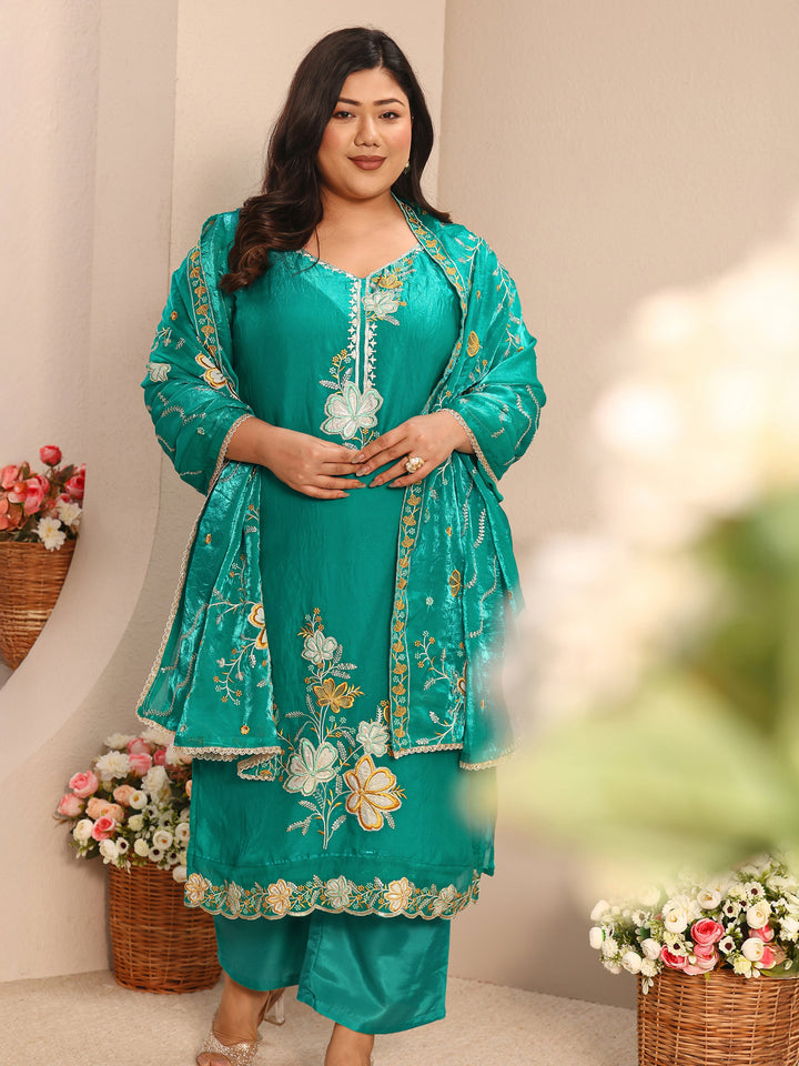 Plus Size Floral Embroidered Organza Straight Suit Set With Dupatta