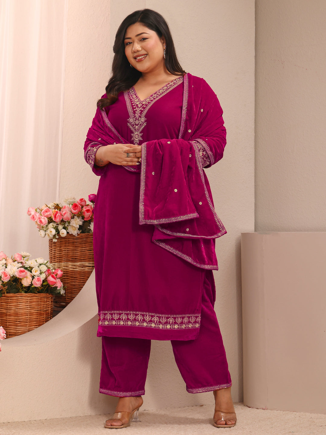 Plus Size Floral Embroidered Velvet Straight Suit Set With Dupatta