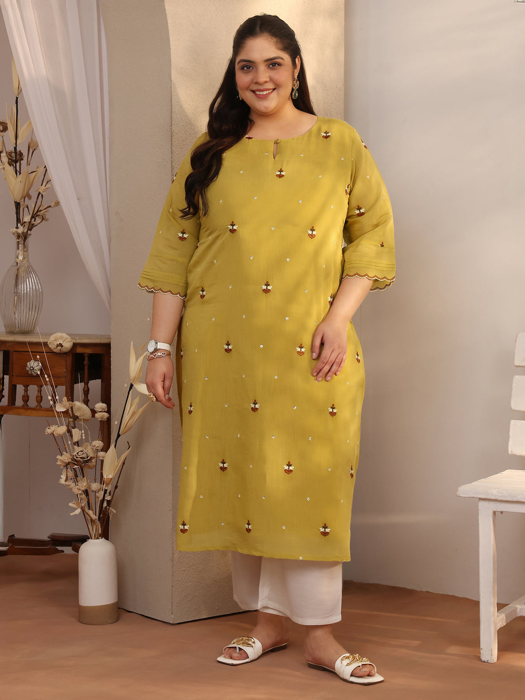 Plus Size Green Embroidered Chanderi Cotton Straight Kurta