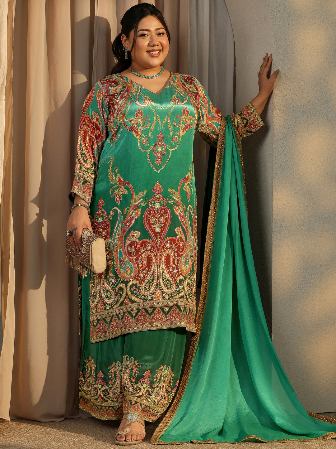 Plus Size Green Embroidered Crepe Straight Suit Set With Dupatta