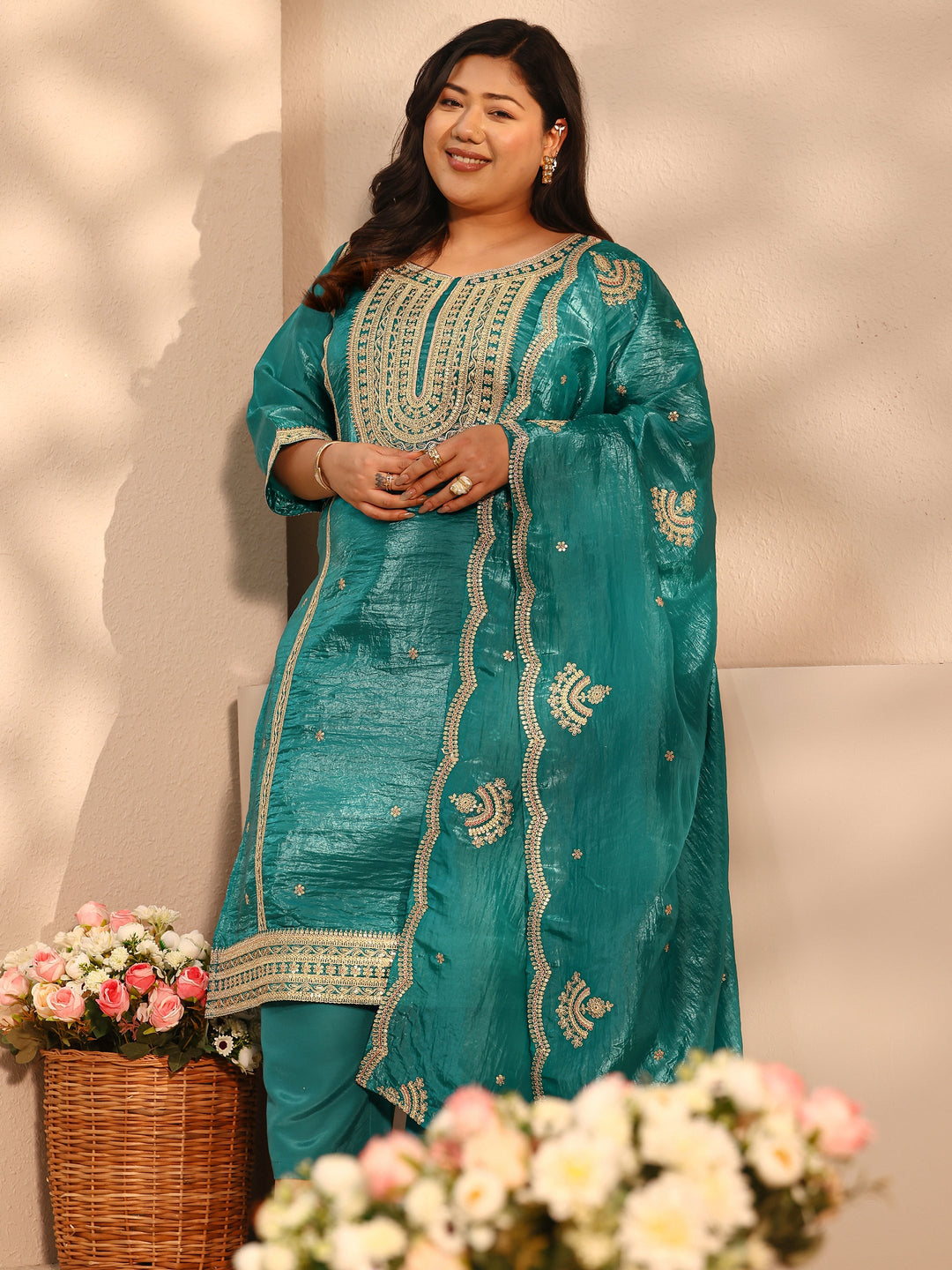 Plus Size Green Embroidered Organza Straight Suit Set With Dupatta