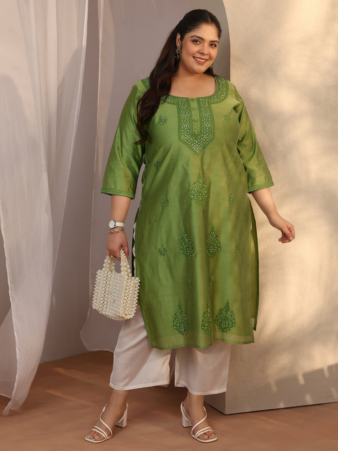 Plus Size Green Embroidered Silk Blend Straight Kurta
