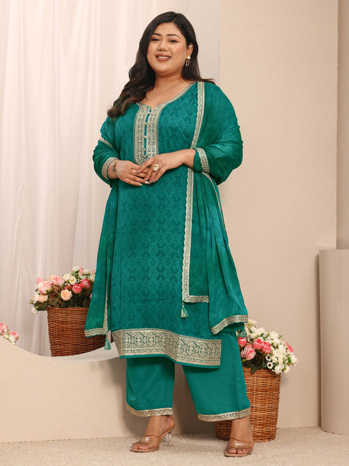 Plus Size Green Printed Chiffon Straight Suit Set With Dupatta