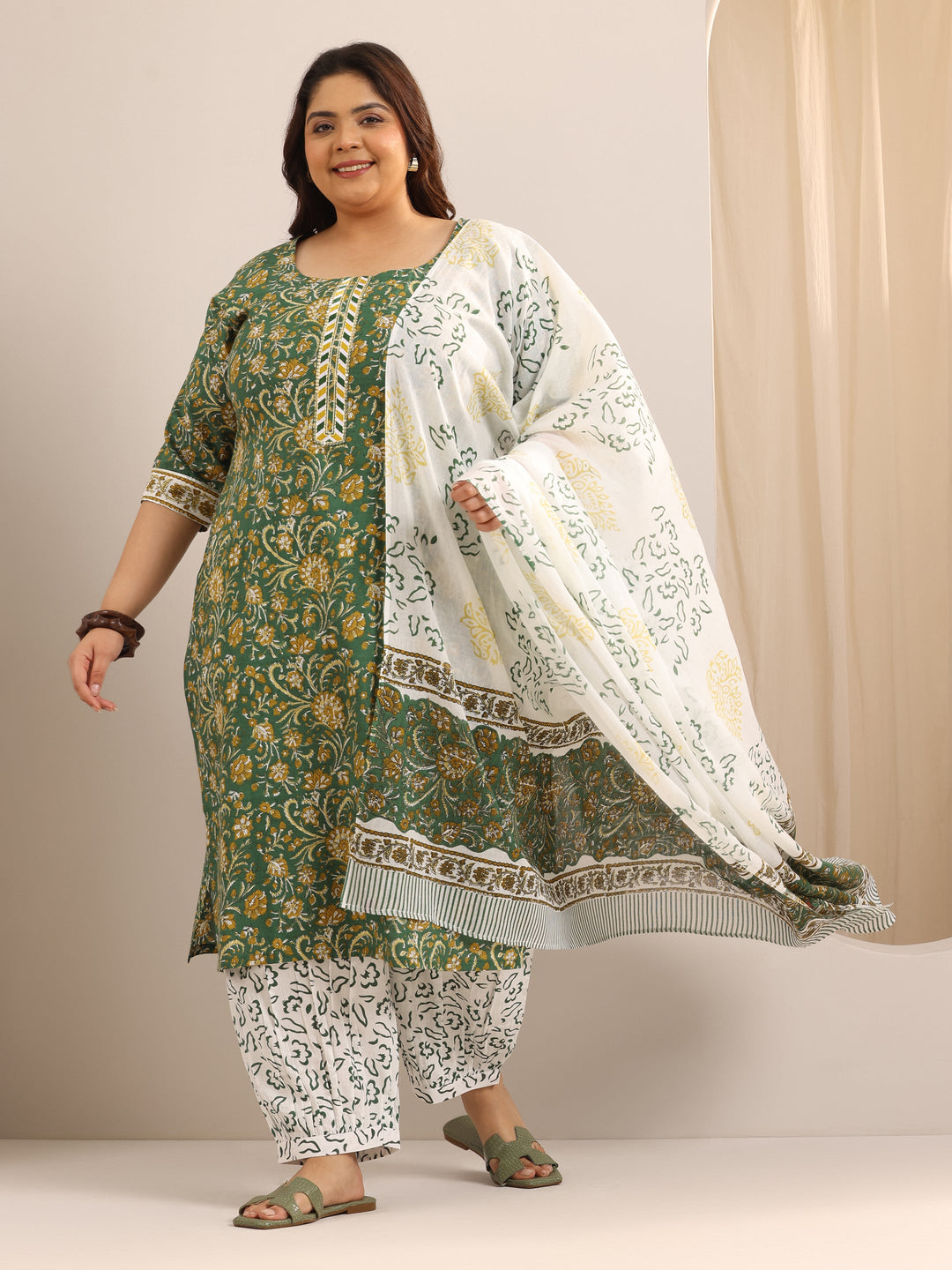 Plus Size Green Printed Cotton Straight Suit Set With Dupatta