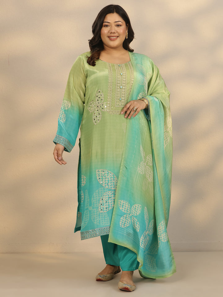 Plus Size Green Printed Crepe Straight Suit Set With Dupatta