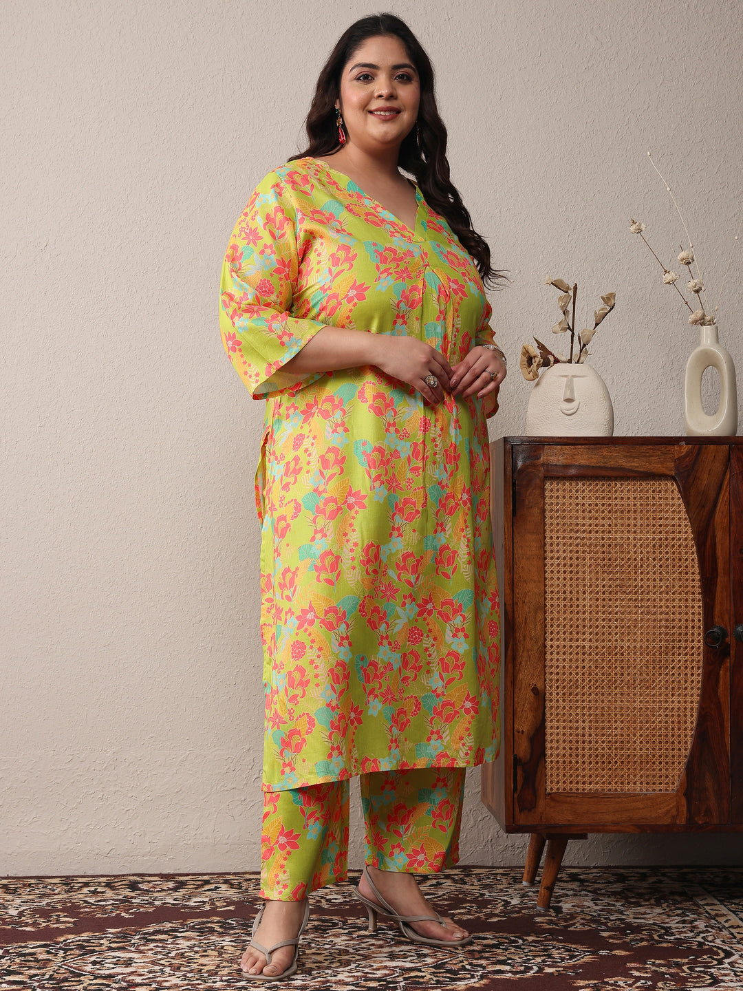 Plus Size Green Printed Rayon Co-Ord Sets